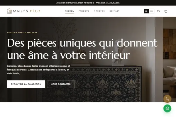 Maison Déco — création boutique e-commerce mobilier d'art et décoration Maroc, paiement à la livraison